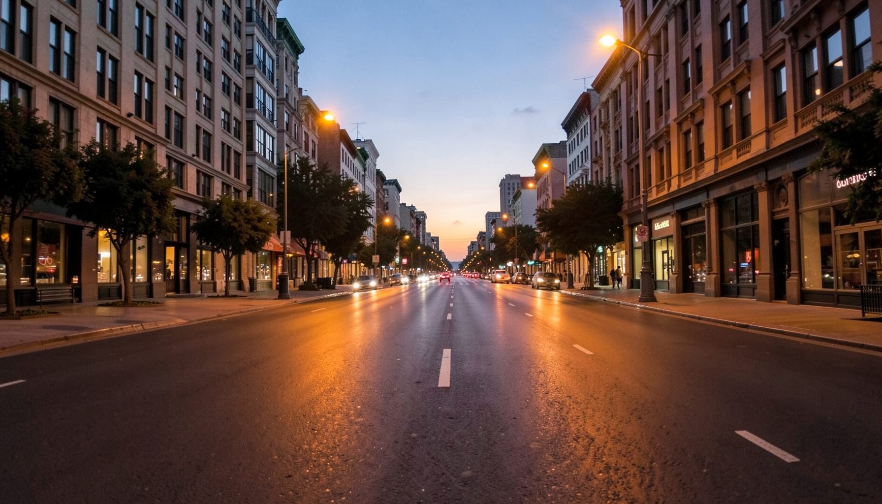 Wide view of a smooth city road at dusk with warm amber streetlights reflecting off the asphalt, calm and inviting mood