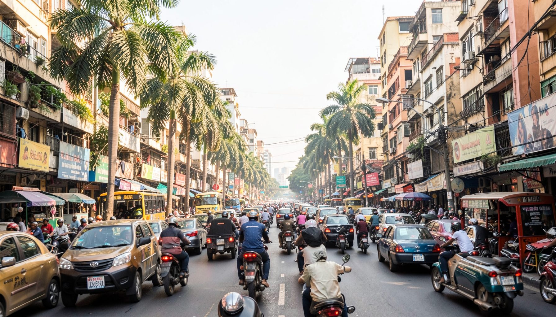 Busy Chennai city street with traffic and palm trees under bright daylight, warm urban atmosphere