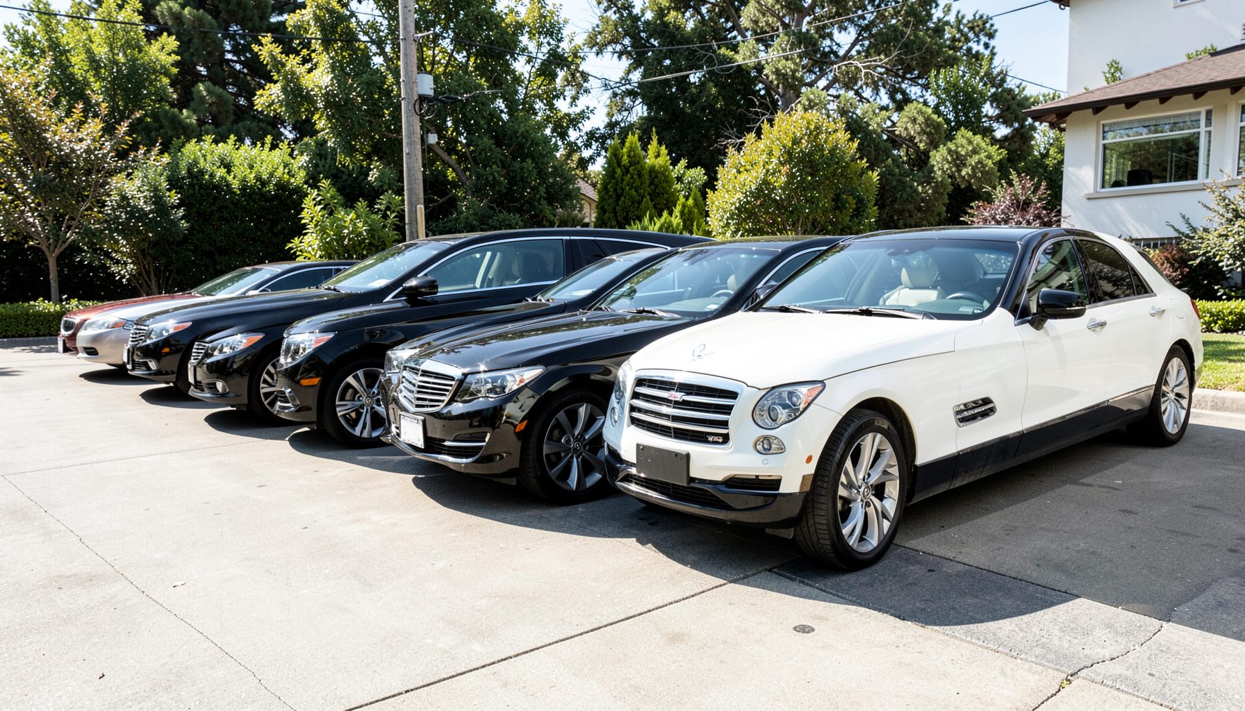 Row of polished black and white luxury sedans lined up on a sunlit driveway