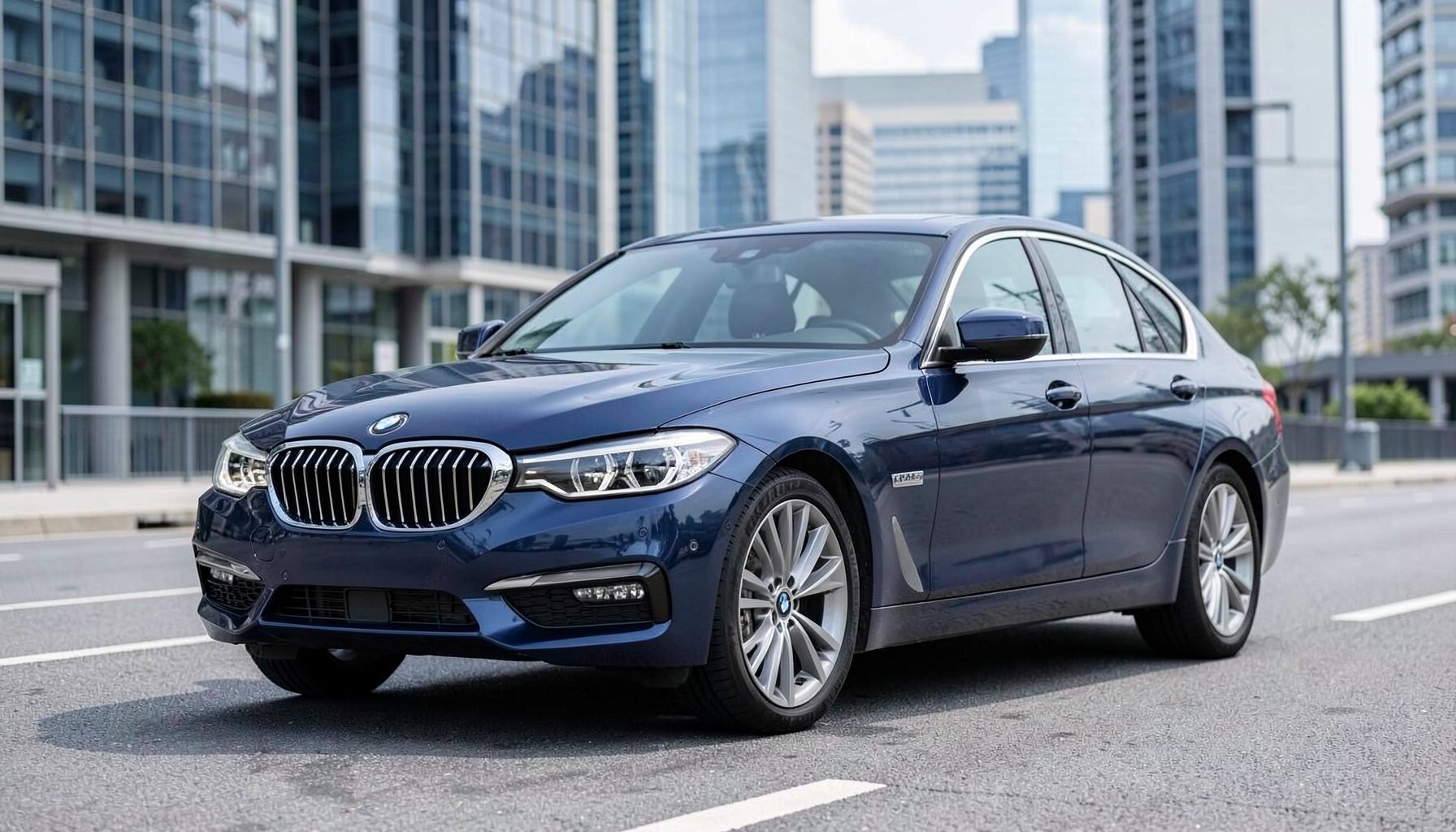 Dark blue BMW 5 Series four-door sedan with distinctive kidney grille, set against a modern cityscape backdrop