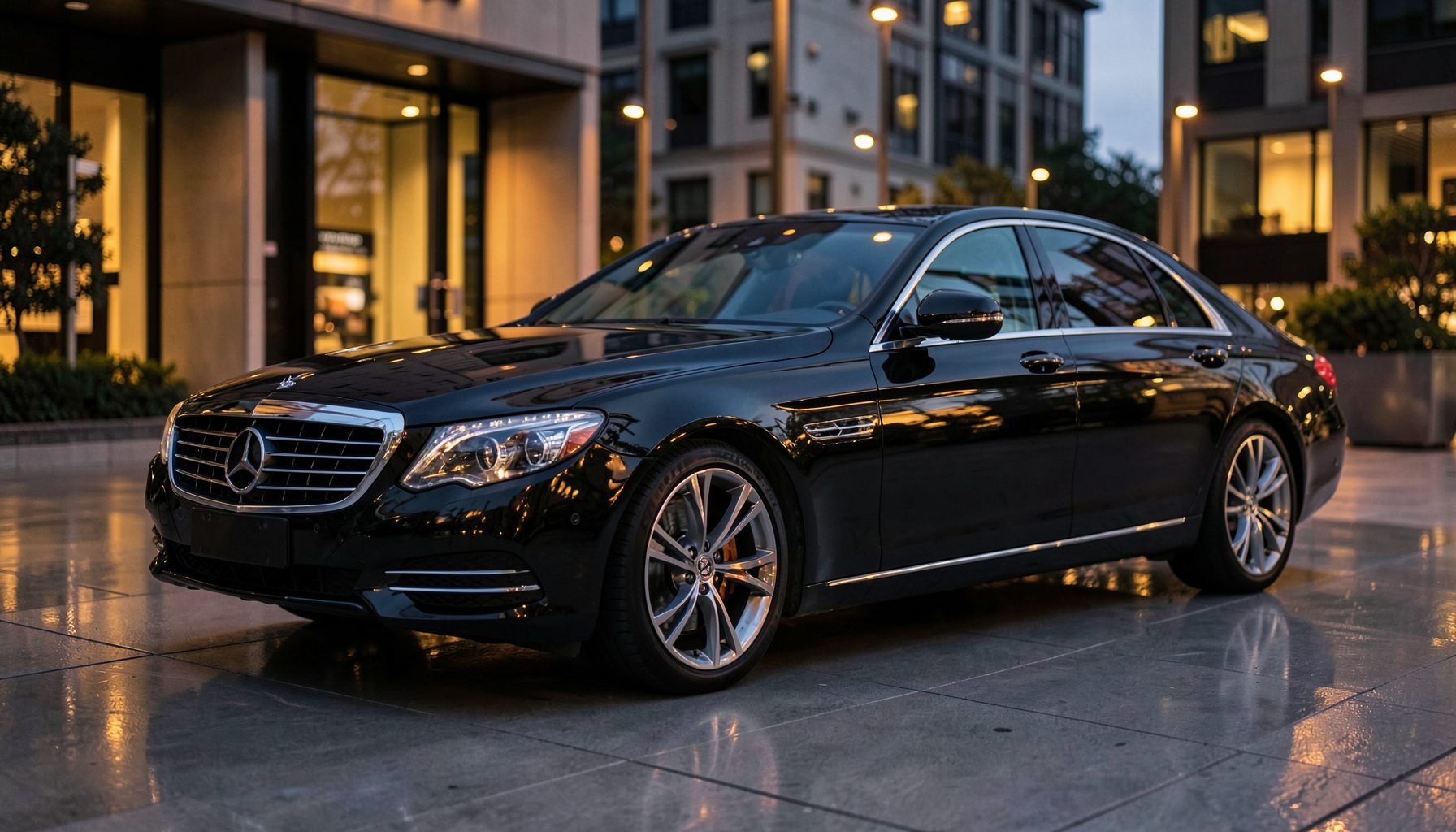 Sleek black luxury sedan with chrome accents parked on a polished urban driveway at dusk, warm amber city lights reflecting off the bodywork