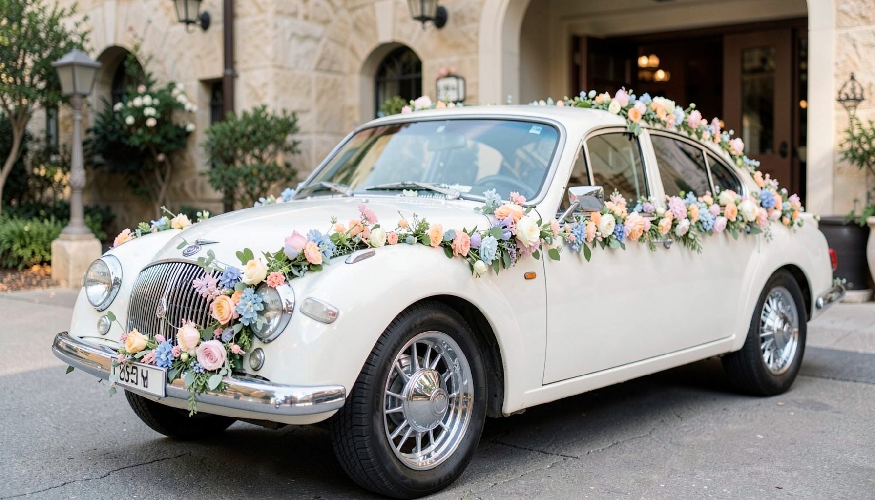 Wedding car decorated with fresh flower garlands in soft pastel tones, parked near a venue entrance