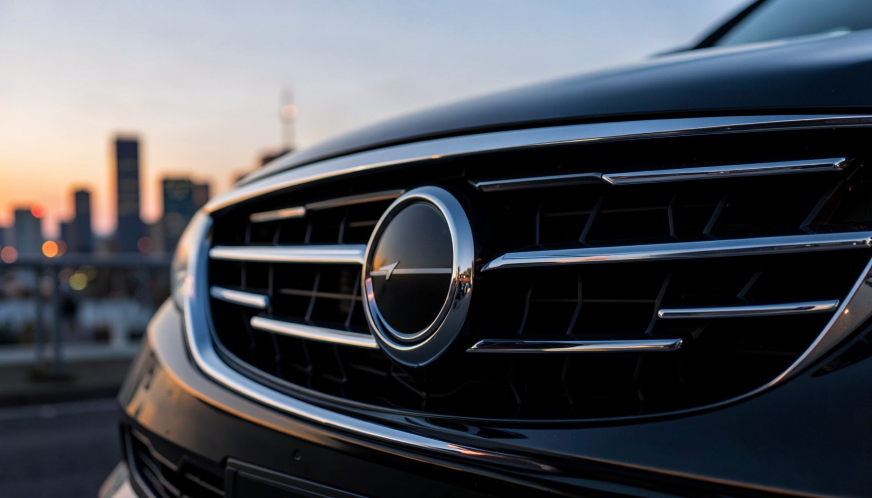 Close-up of a sleek car grille with chrome detailing against a blurred city backdrop at dusk