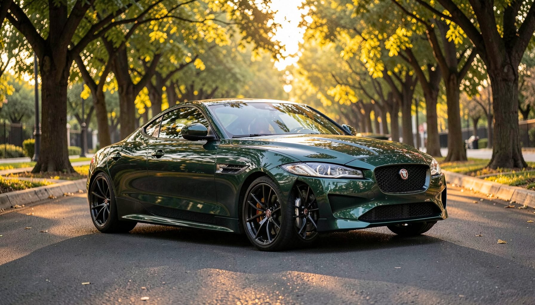Dark green Jaguar XF premium sedan with sporty stance, parked on a tree-lined avenue in golden hour light