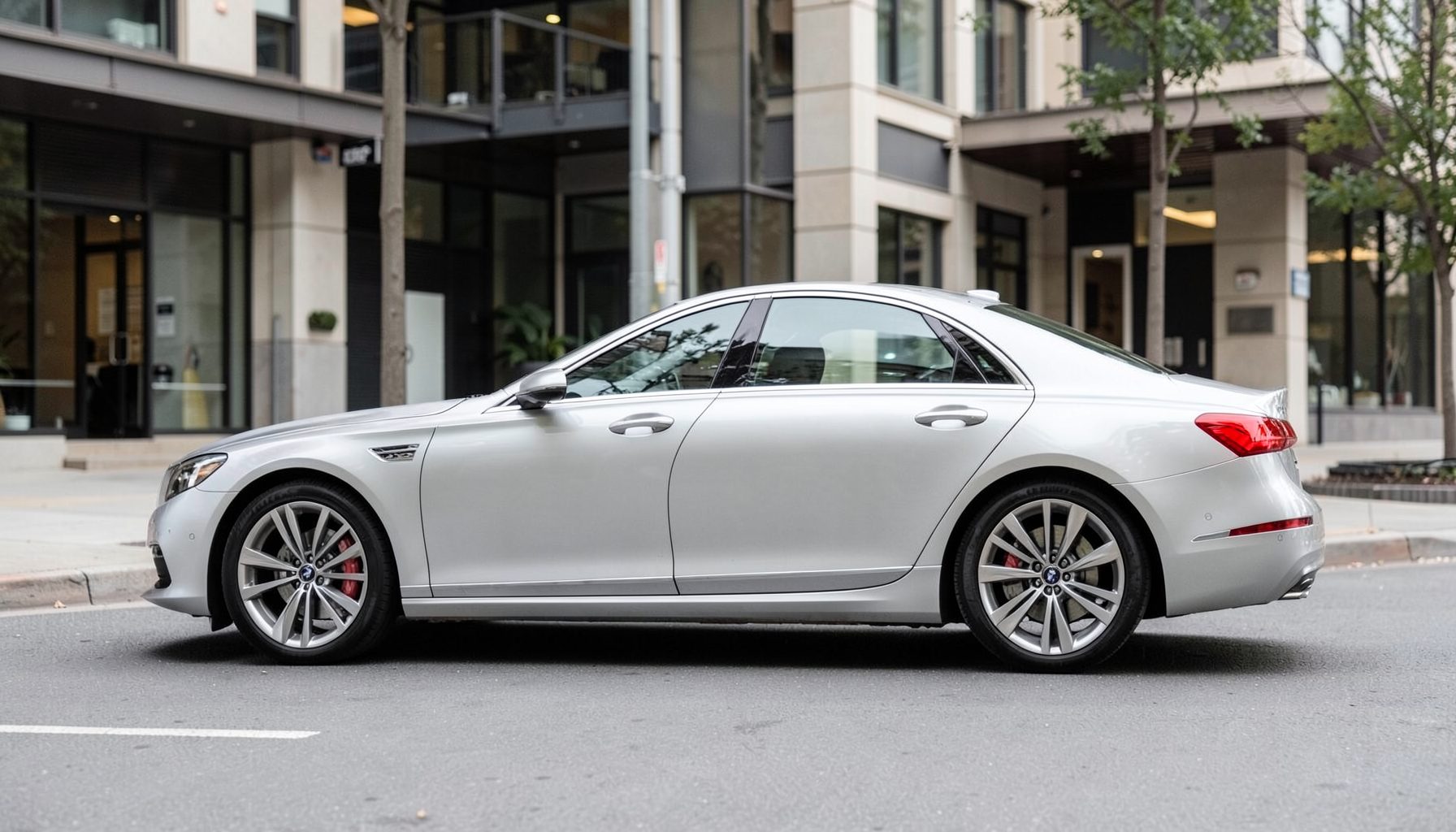 Silver Audi A6 luxury sedan with sleek profile, parked on a clean urban street under soft daylight