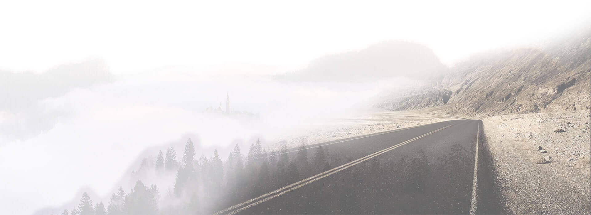 Foggy mountain road lined with pine trees leading toward a distant tower silhouette, rendered in muted pale grey and green tones with a calm, quiet mood